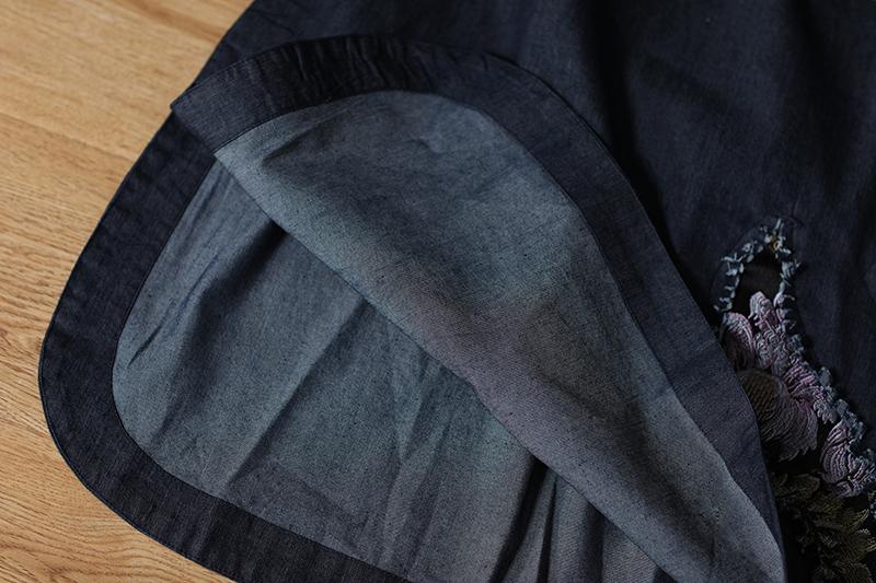 Cotton Navy Blue Long Sleeve Round Neck Embroidery Dress