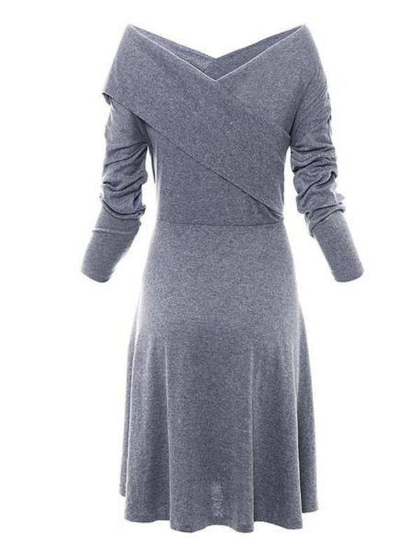 Vintage Solid V-Neck Long Sleeves Midi Dresses