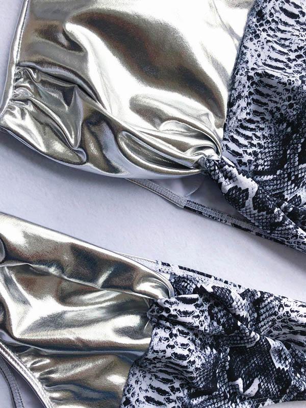 Contrast Snakeskin Printing Semi Tankini Swimsuit