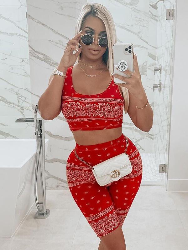 Wrap Printed Exposed Navel Tank&Shorts Yoga Suits