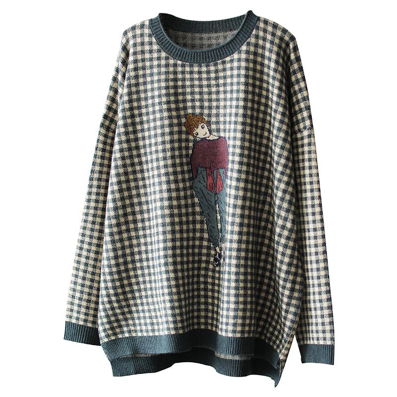 Buykud Plaid And Cartoon Character Casual Knitted Shirt