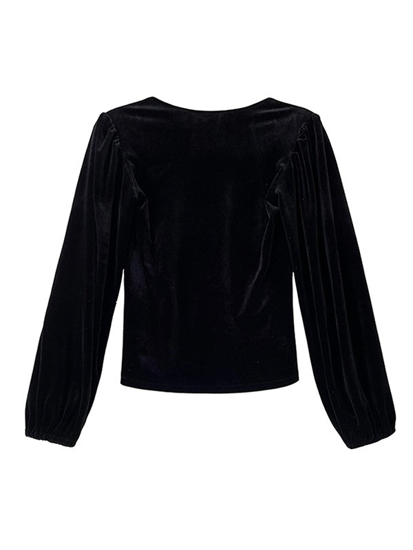 Urban Pleuche Solid Color Pleated Square-Neck Bishop Sleeves T-Shirt