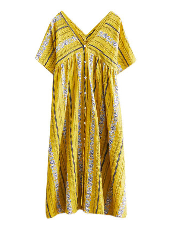 Floral Printed Casual V-Neck Buttoned Midi Dress