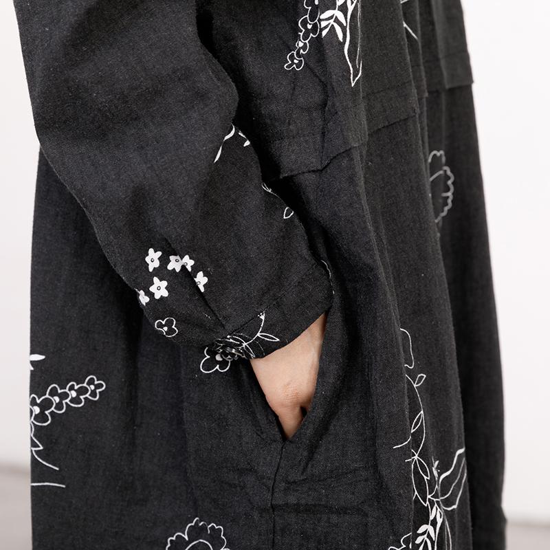 Black Printed Lacing Long Sleeve Autumn Dress