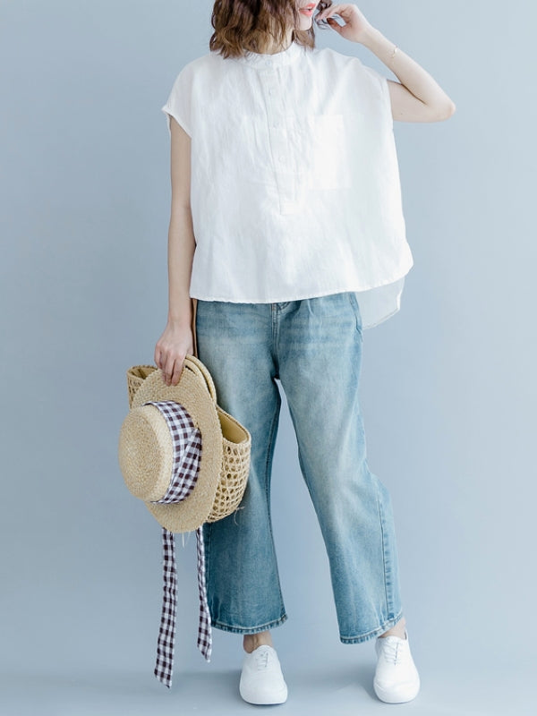 CASUAL SOLID RAMIE COTTON HIGH-LOW POCKET SHIRT