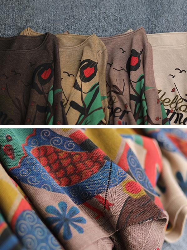 Cartoon Birds Printed Pullover Autumn Thin Knitted Shirt