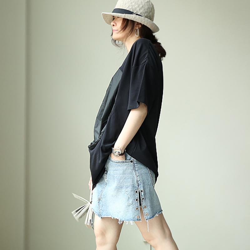 Casual Cotton Patchwork Short Sleeve Blouse