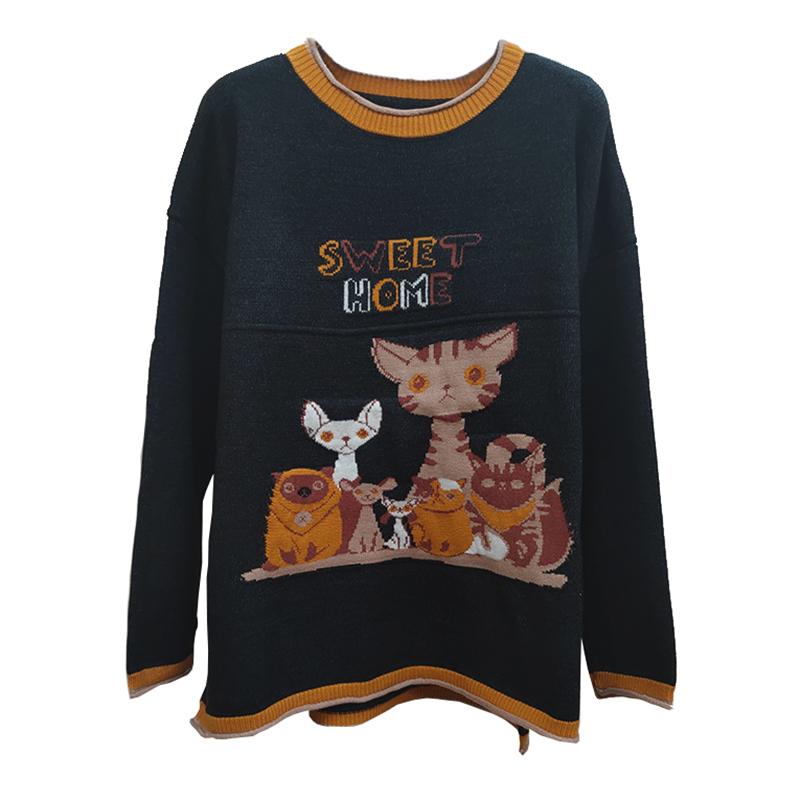 Casual Cute Cartoon O-neck Knit Shirt