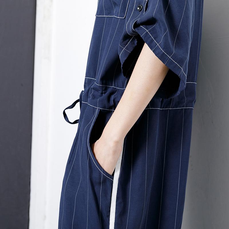 Casual Loose Stripe Drawstring Blue Overall