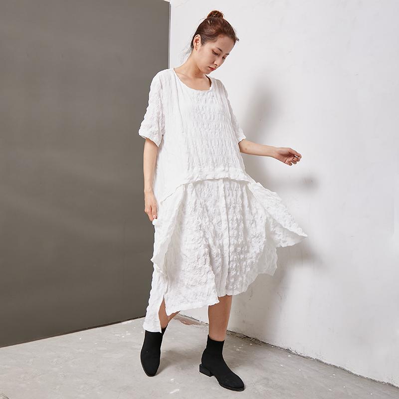 Casual Round Neck Cotton Solid Irregular Dress