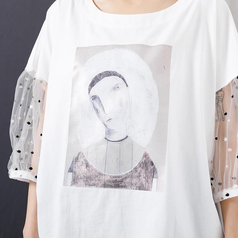 Character Printed Sleeve Lace Stitching T-Shirt