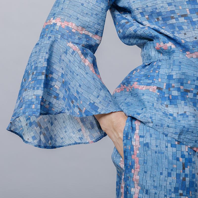 Chinese Style Blue Plaid Two Piece Set