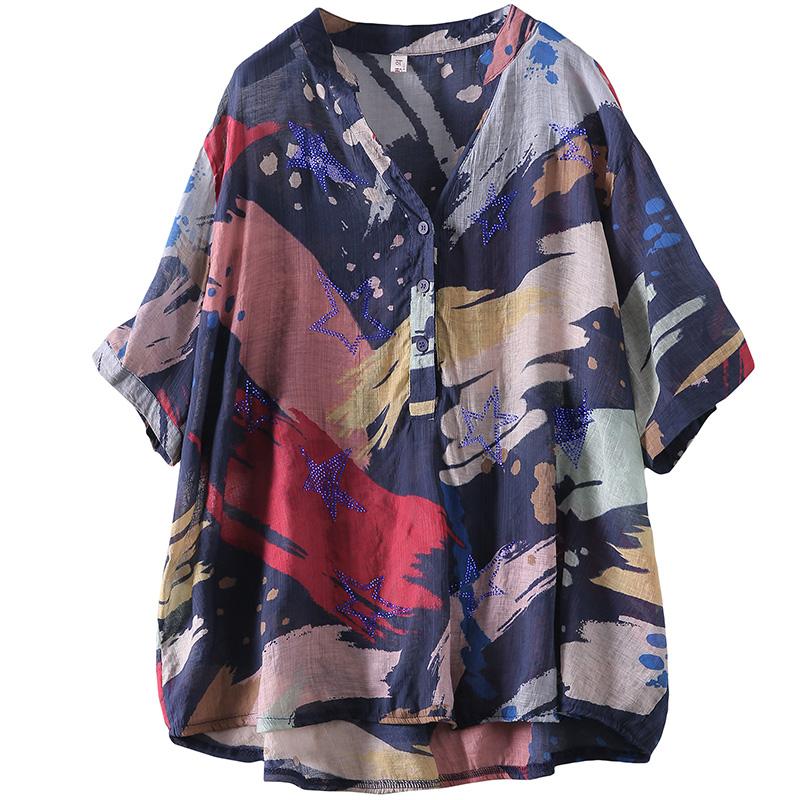 Contrast Color Printed V-Neck Loose Blouse