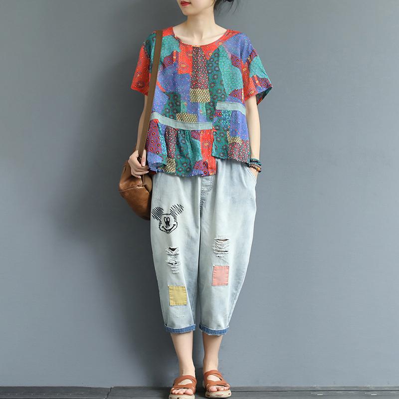 Cotton Linen Irregular Print Short Sleeve Blouse