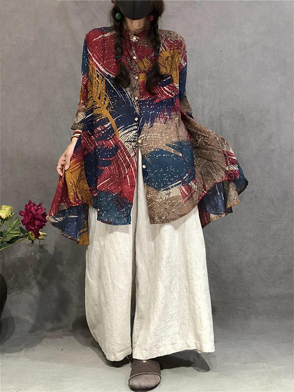 Cotton Linen Print Irregular Stand Collar Blouse