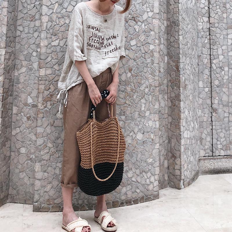 Cotton Vintage Summer Letter Print Three Quarter Sleeve Shirt