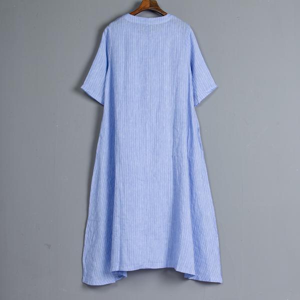 Round Neck Short Sleeve Pockets Stripe Dress