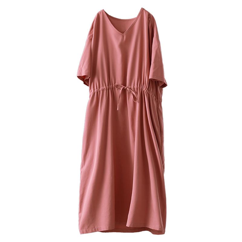 Drawstring Solid Color Women Summer V-Neck Dress
