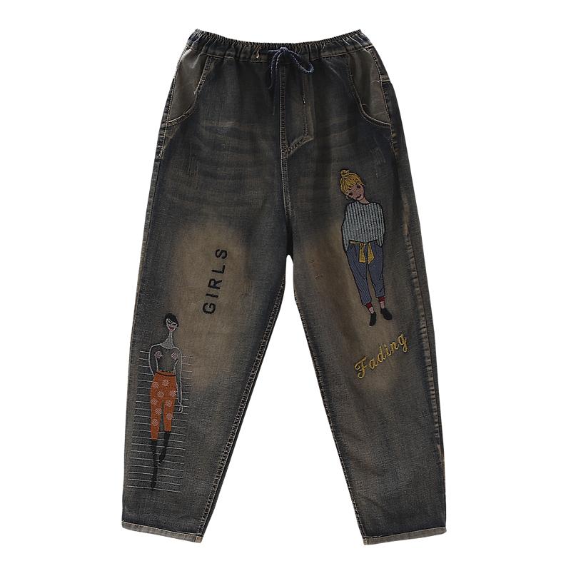 Embroidery Cartoon And Letter Casual Jeans