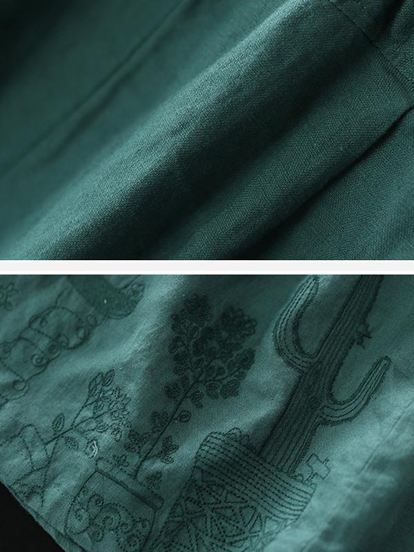 Embroidery Linen Drawstring Retro Casual Skirt
