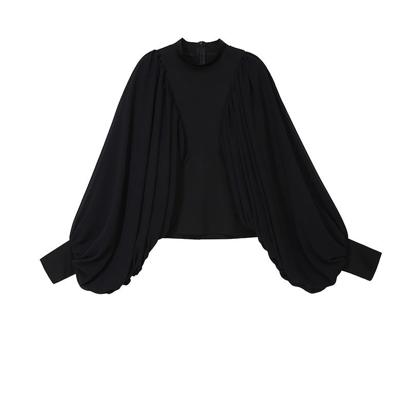 Fashion Bat Sleeve Solid Color Pleated Blouse
