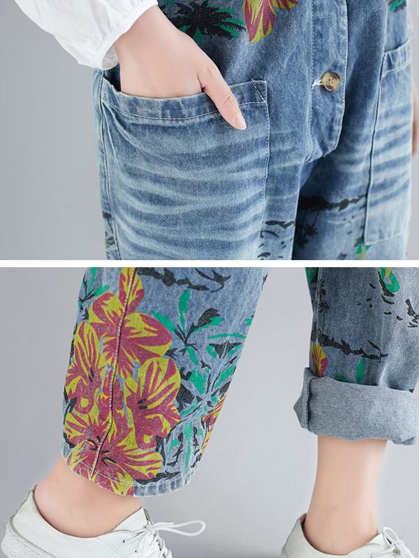 Floral Print Hole Loose Jumpsuit