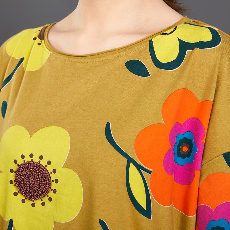 Floral Print Loose Cotton Yellow T-Shirt