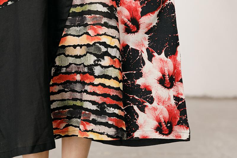 Floral Printed Spliced Loose Round Collar Dress