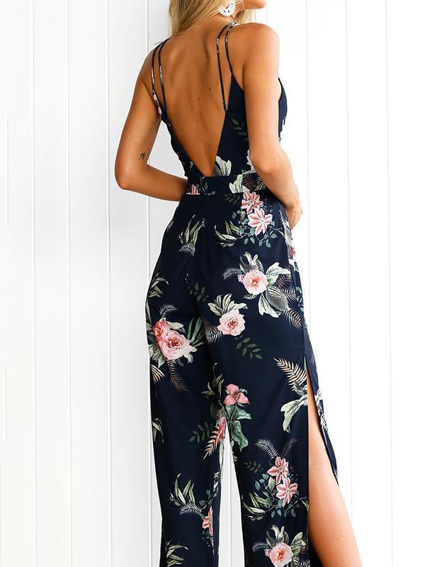 Floral Backless Split-side Wide Leg Jumpsuits Bottoms