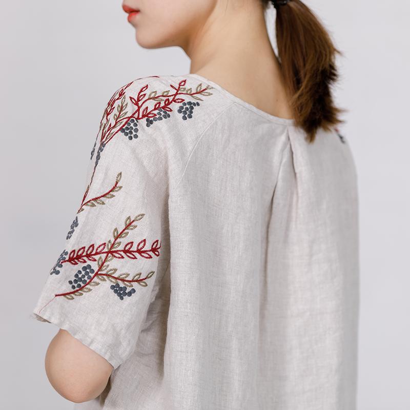 High Low Hem Embroidered Plants Loose T-Shirt