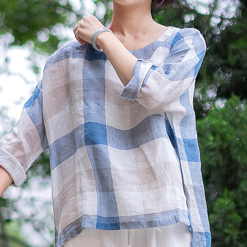 High Low Hem Plaid Casual Plus Size Blouse