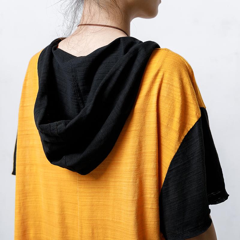 Hooded Short Sleeve Patch Designs Blouse