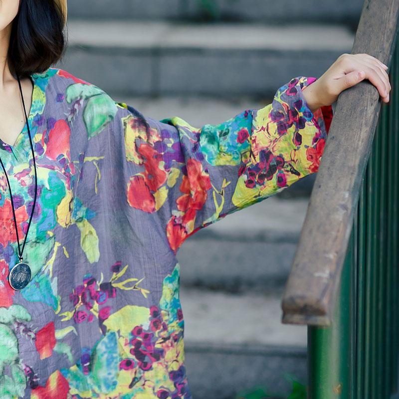 Summer Women Retro Floral Printing Cotton Linen Loose Shirt