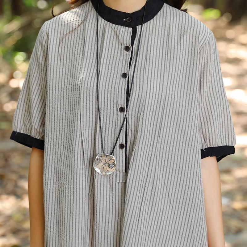 Women Stand Collar Buttons Stripe Pockets 1/2 Sleeve Dress