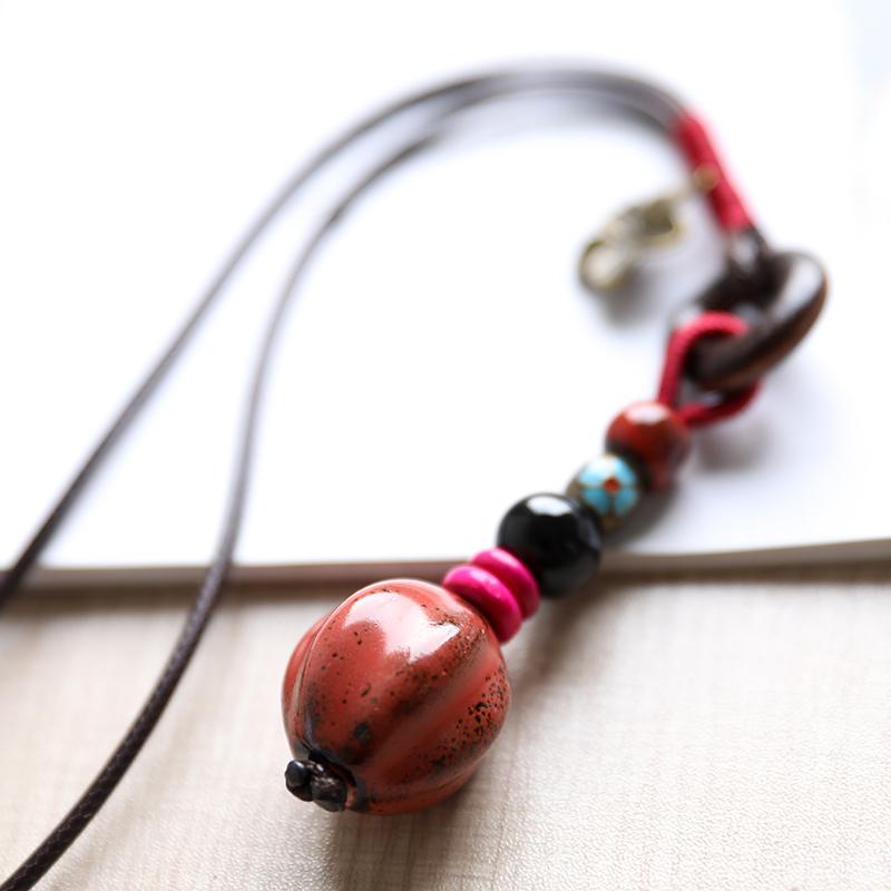 Retro Vintage Ceramic Red Pendant Ethnic Necklace For Women