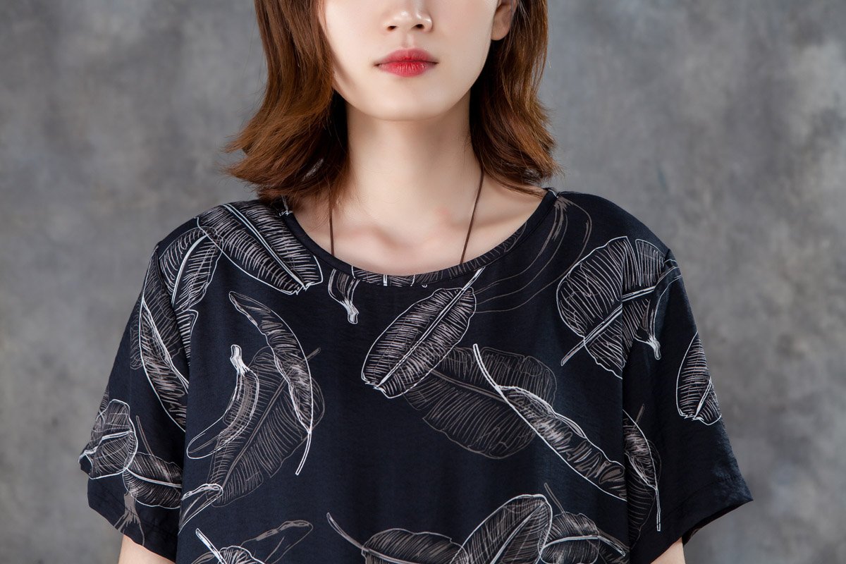 Women Short Sleeve Printed Pleated Blue Dress