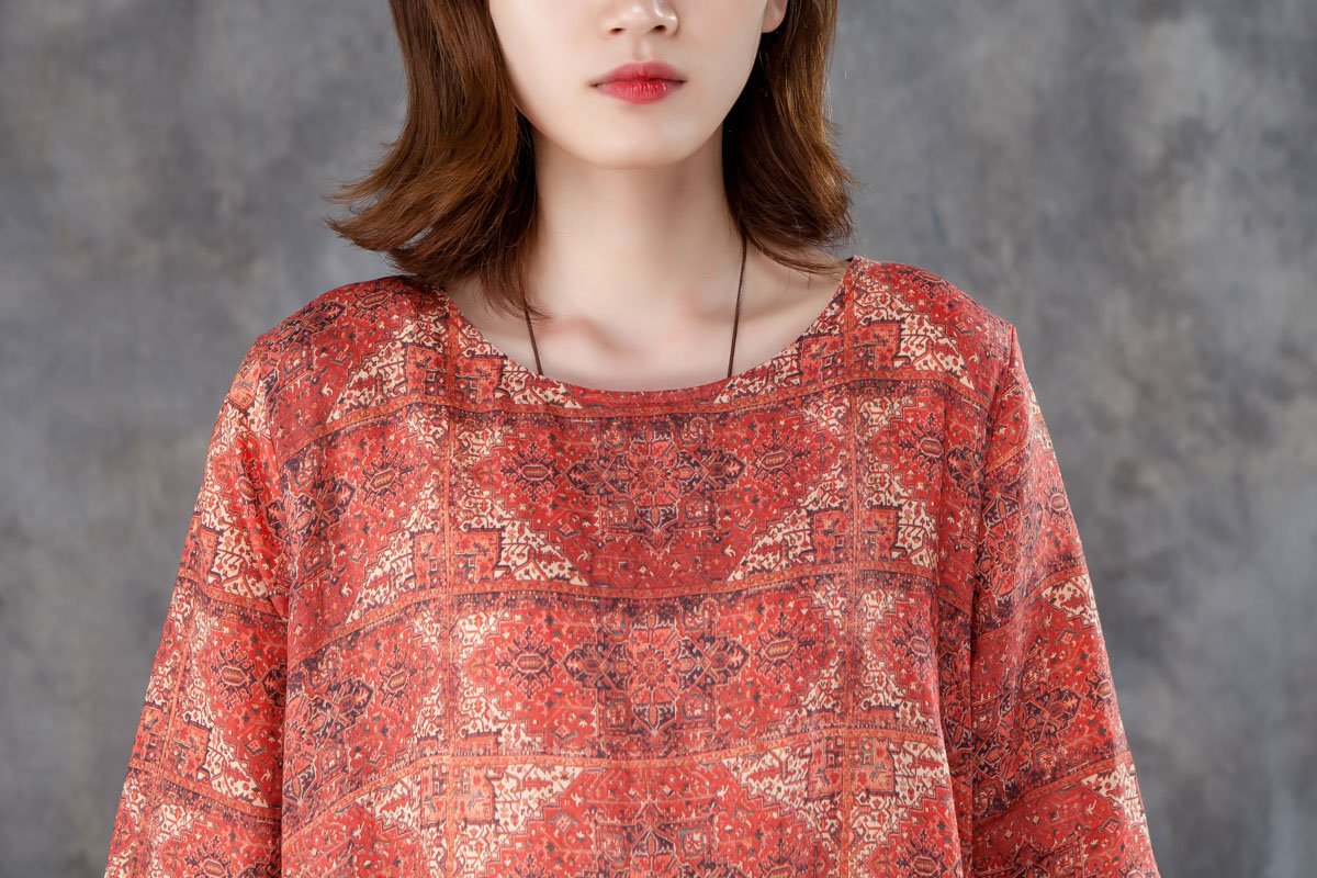 Women Linen Printed Pleated Pockets 1/2 Sleeve Dress