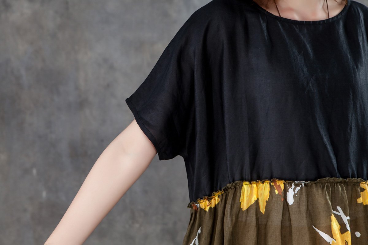 Women Short Sleeve Printed Patchwork Loose Dress