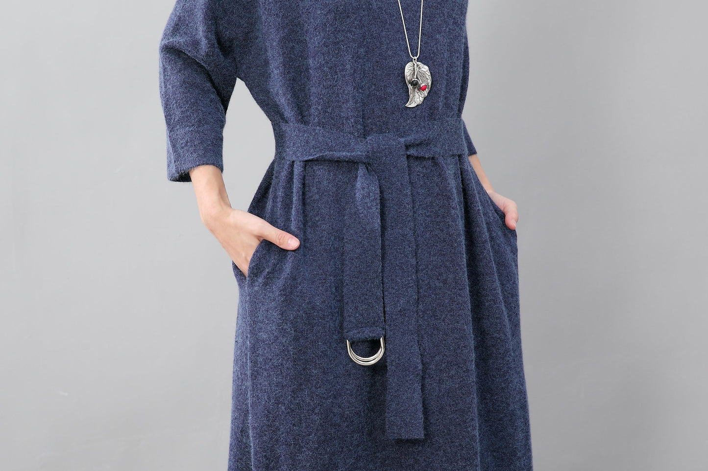 Stylish Design Waistbelt Women Round Neck Shoulder Sleeve Blue Sweater Dress