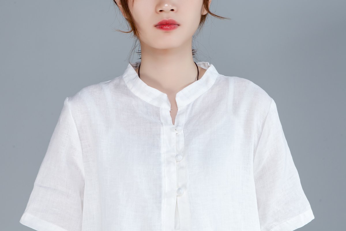 Women Short Sleeve Stand Collar Green Tops