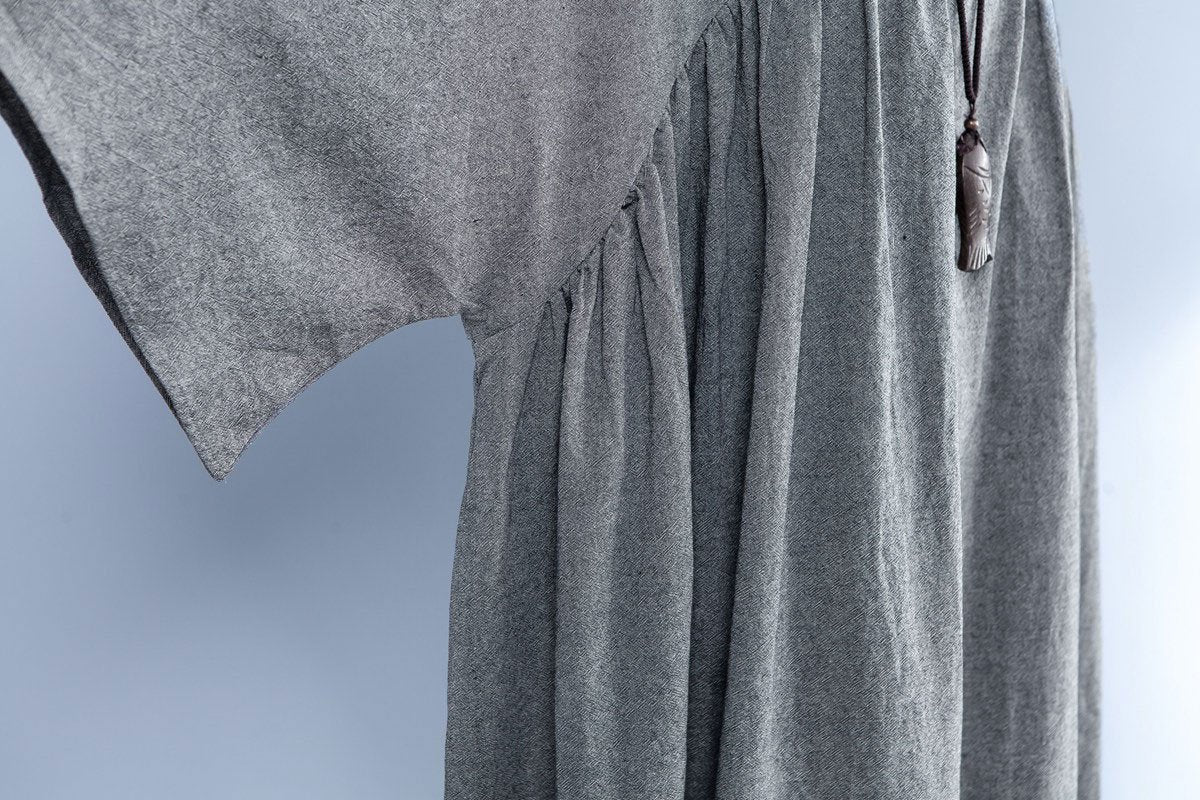 V Neck Three Quarter Sleeve Loose Gray Dress