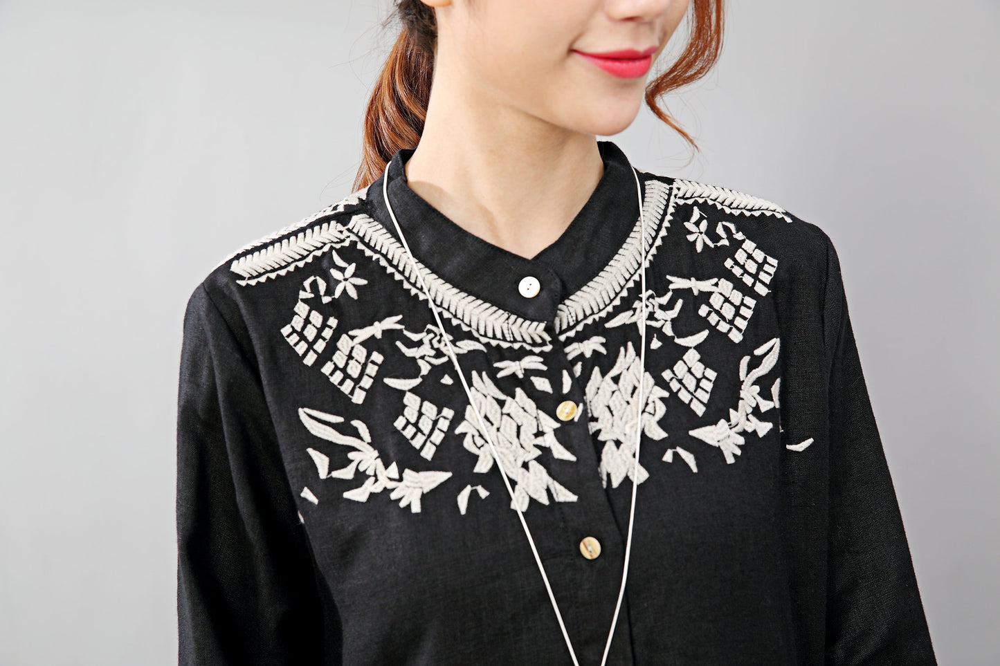 Graceful Women Linen Pleated Embroidered Long Sleeves Black Dress
