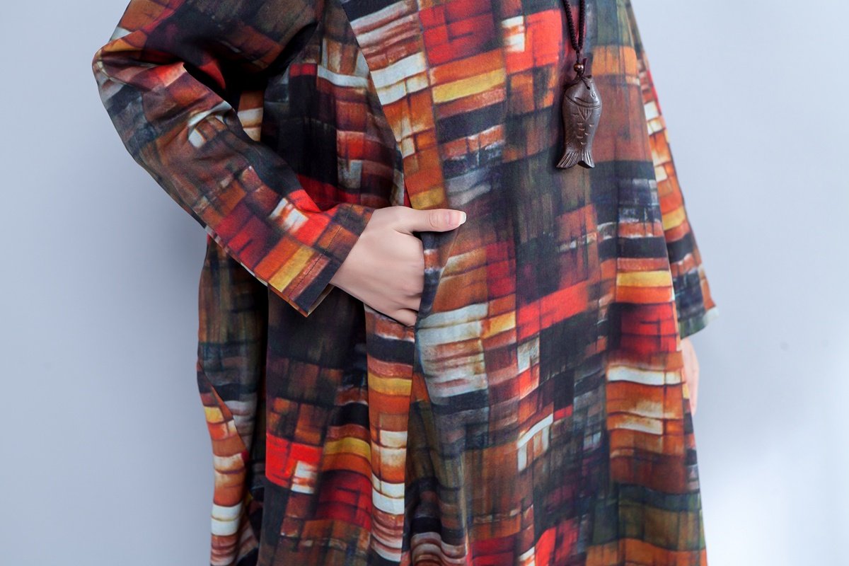 Irregular Round Neck Long Sleeve Printed Loose Dress