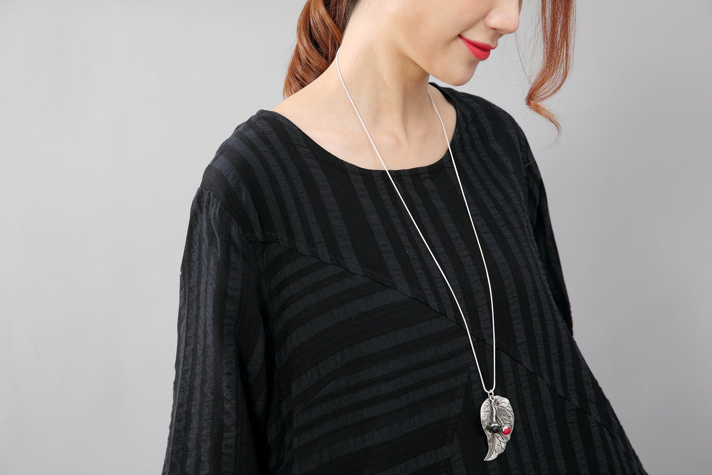 Black Long Sleeves Literature Casual Loose Stripe Cotton Linen Dress