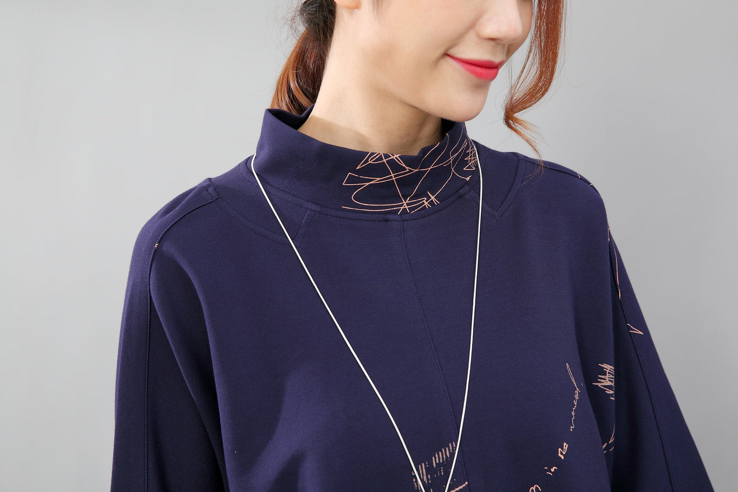 Women Semi-High Collar Casual Loose Printing Pockets Blue Dress