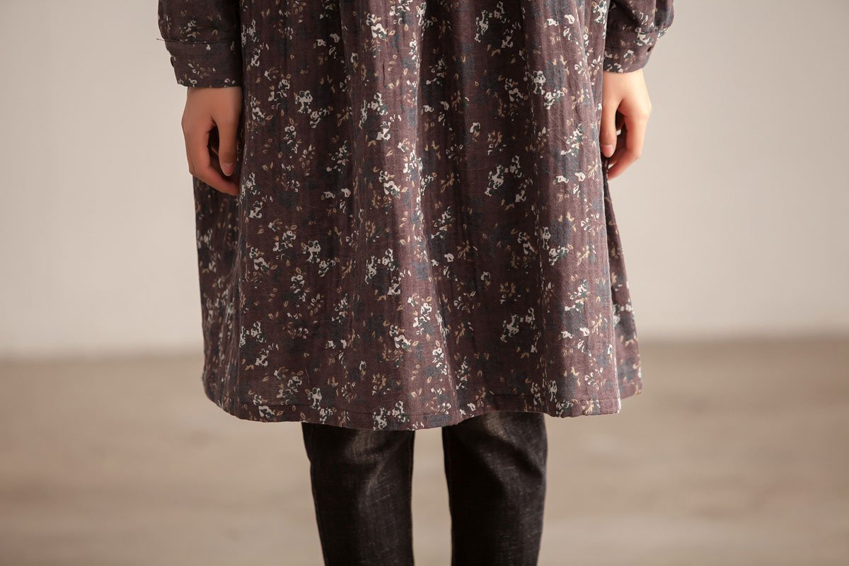 Retro Women Polo Collar Long Sleeve Printing Pullover Dress