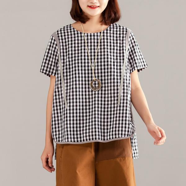 Women Blue Plaid Zipper Short Sleeve Summer Tops