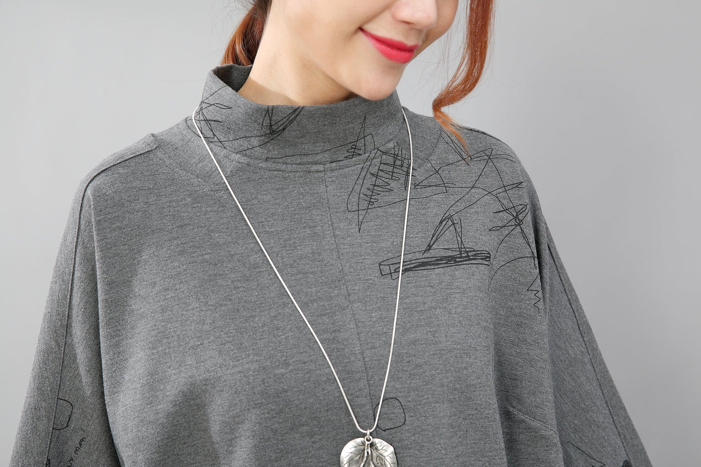 Women Semi-High Collar Casual Loose Printing Pockets Gray Dress