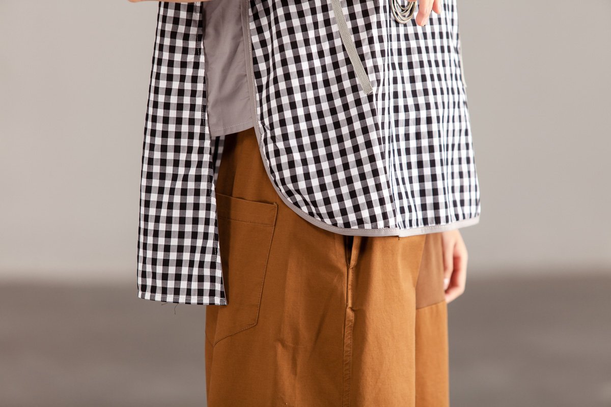 Women Gray Plaid Zipper Short Sleeve Summer Tops
