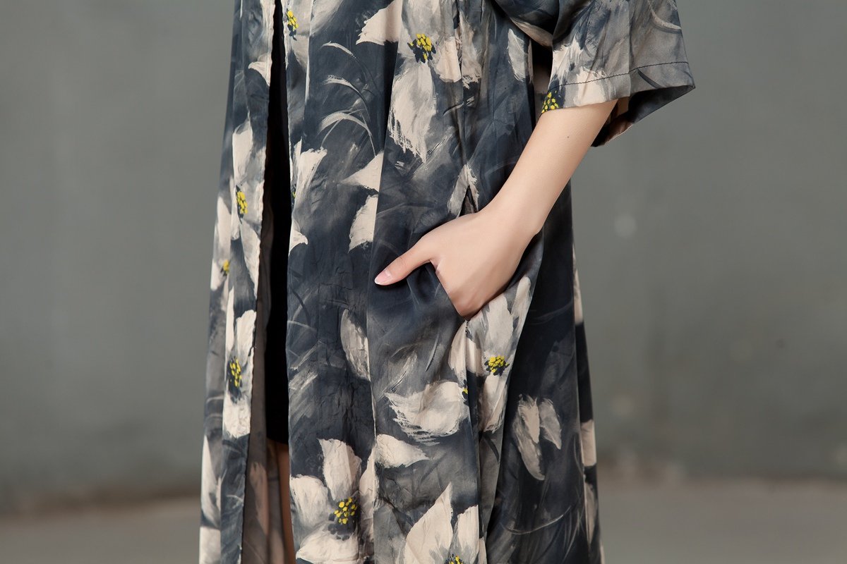 Spring Printed Women Silk Pocket Cardigan Dress